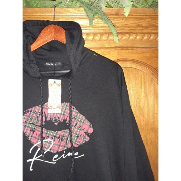 HP🥰boohoo Tartan Lip Print Hood Sweatshirt Dress - Picture 7 of 16
